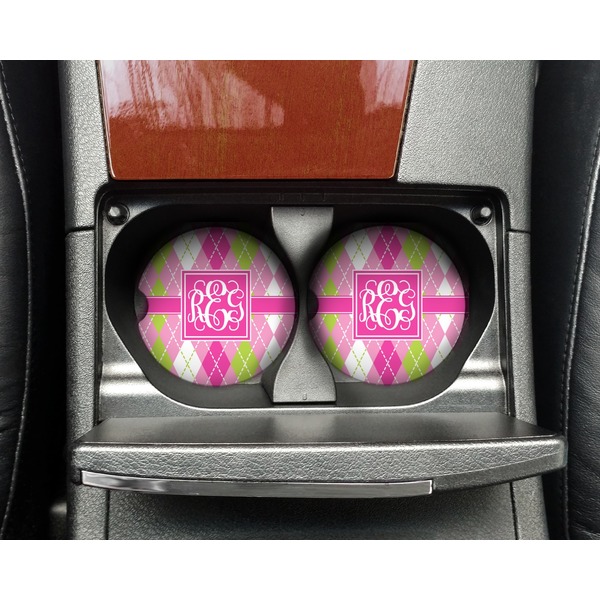 Pink & Green Argyle Sandstone Car Coaster - In Cup Holder
