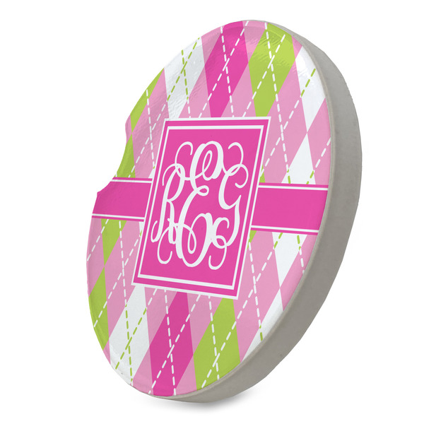 Pink & Green Argyle Sandstone Car Coaster - STANDING ANGLE