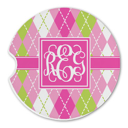 Pink & Green Argyle Sandstone Car Coaster - Single (Personalized)