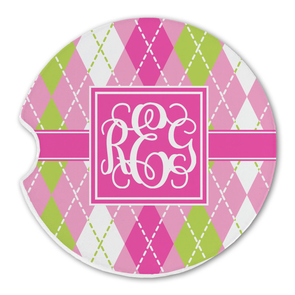 Custom Pink & Green Argyle Sandstone Car Coaster - Single (Personalized)