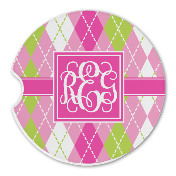 Pink & Green Argyle Sandstone Car Coaster - Single