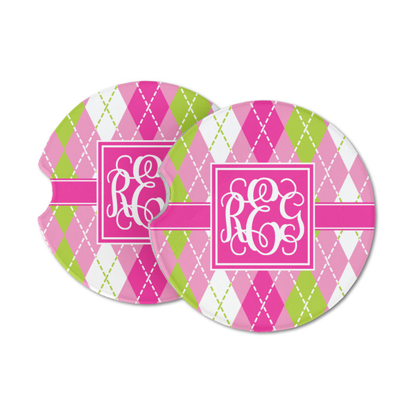 Custom Pink & Green Argyle Sandstone Car Coasters (Personalized)