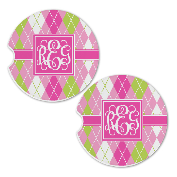 Pink & Green Argyle Sandstone Car Coasters - Set of 2