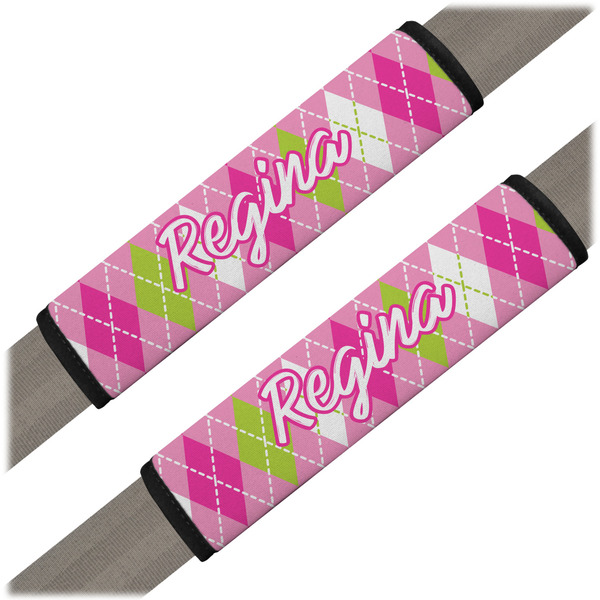 Custom Pink & Green Argyle Seat Belt Covers (Set of 2) (Personalized)