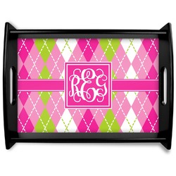 Pink & Green Argyle Black Wooden Tray - Large (Personalized)