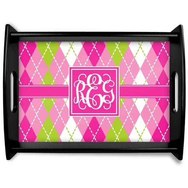 Custom Pink & Green Argyle Black Wooden Tray - Large (Personalized)