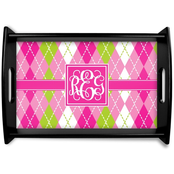 Custom Pink & Green Argyle Black Wooden Tray - Small (Personalized)