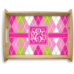 Pink & Green Argyle Natural Wooden Tray - Large (Personalized)