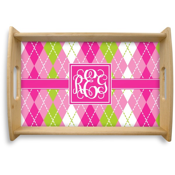 Custom Pink & Green Argyle Natural Wooden Tray - Small (Personalized)