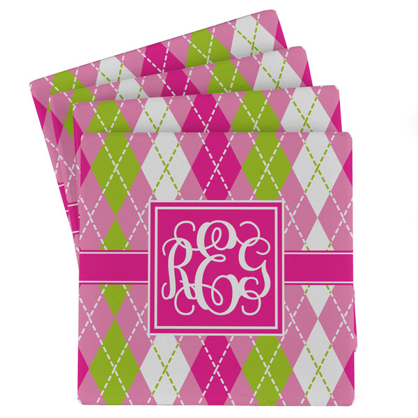 Custom Pink & Green Argyle Absorbent Stone Coasters - Set of 4 (Personalized)