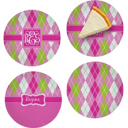 Pink & Green Argyle Set of 4 Glass Appetizer / Dessert Plate 8" (Personalized)