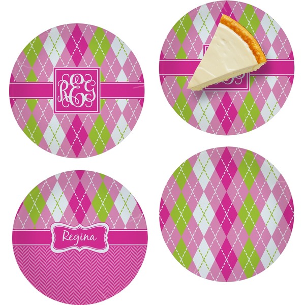 Custom Pink & Green Argyle Set of 4 Glass Appetizer / Dessert Plate 8" (Personalized)
