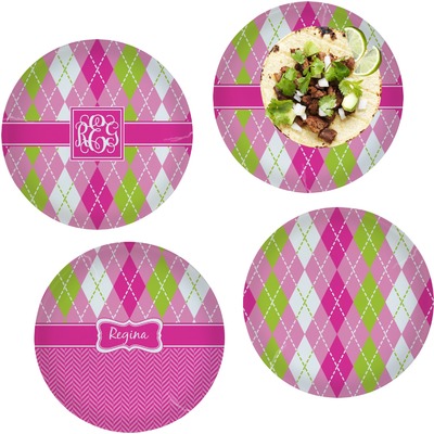 Pink & Green Argyle Set of 4 Glass Lunch / Dinner Plate 10" (Personalized)