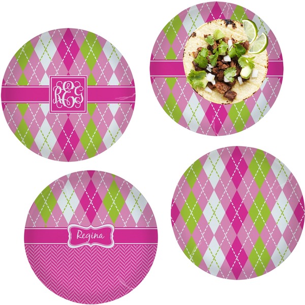 Custom Pink & Green Argyle Set of 4 Glass Lunch / Dinner Plate 10" (Personalized)