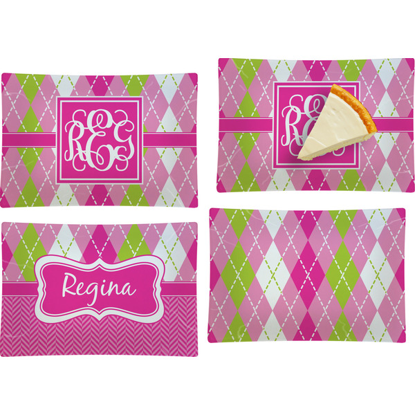 Pink & Green Argyle Set of Rectangular Appetizer / Dessert Plates