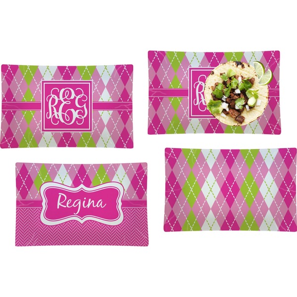 Custom Pink & Green Argyle Set of 4 Glass Rectangular Lunch / Dinner Plate (Personalized)