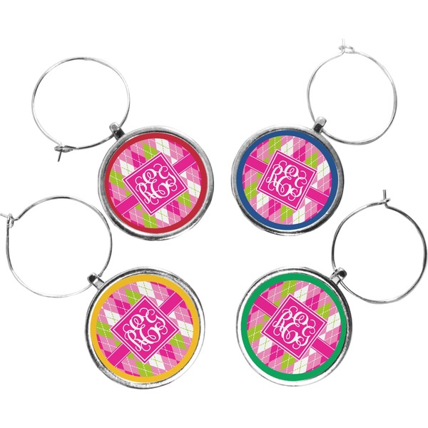 Custom Pink & Green Argyle Wine Charms (Set of 4) (Personalized)