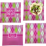 Pink & Green Argyle Set of 4 Glass Square Lunch / Dinner Plate 9.5" (Personalized)