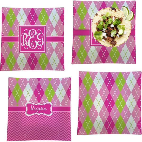 Custom Pink & Green Argyle Set of 4 Glass Square Lunch / Dinner Plate 9.5" (Personalized)