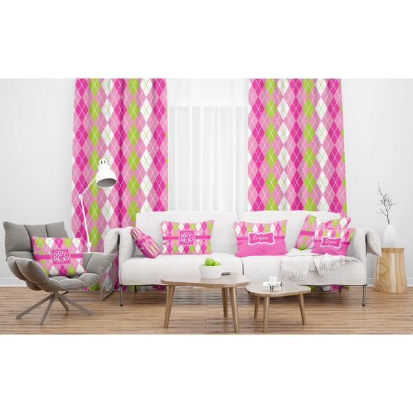 Pink & Green Argyle Sheer and Custom Curtains in Room with Matching Pillows