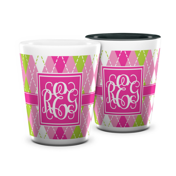 Custom Pink & Green Argyle Ceramic Shot Glass - 1.5 oz (Personalized)