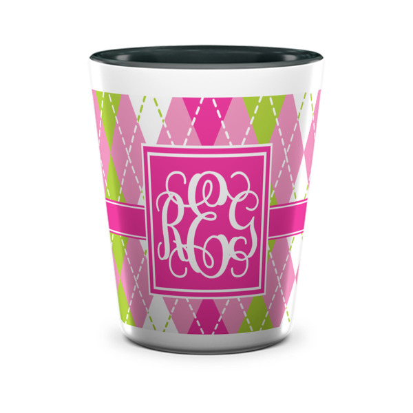 Custom Pink & Green Argyle Ceramic Shot Glass - 1.5 oz - Two Tone - Set of 4 (Personalized)