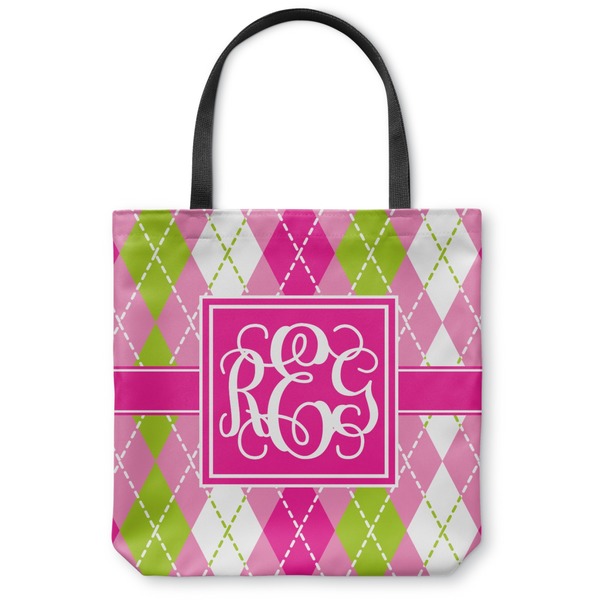 Custom Pink & Green Argyle Canvas Tote Bag - Large - 18"x18" (Personalized)