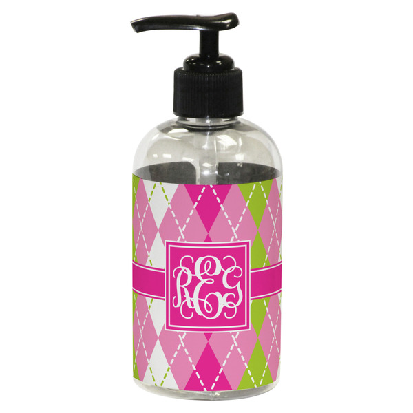 Custom Pink & Green Argyle Plastic Soap / Lotion Dispenser (8 oz - Small - Black) (Personalized)
