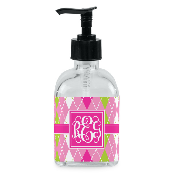 Custom Pink & Green Argyle Glass Soap & Lotion Bottle - Single Bottle (Personalized)