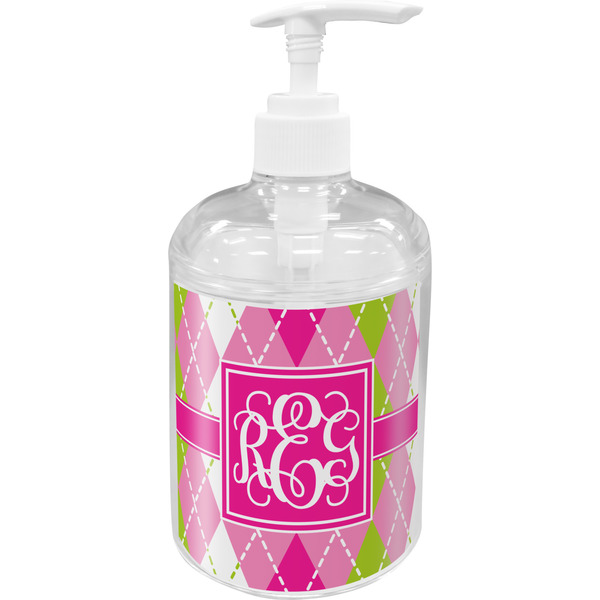 Custom Pink & Green Argyle Acrylic Soap & Lotion Bottle (Personalized)