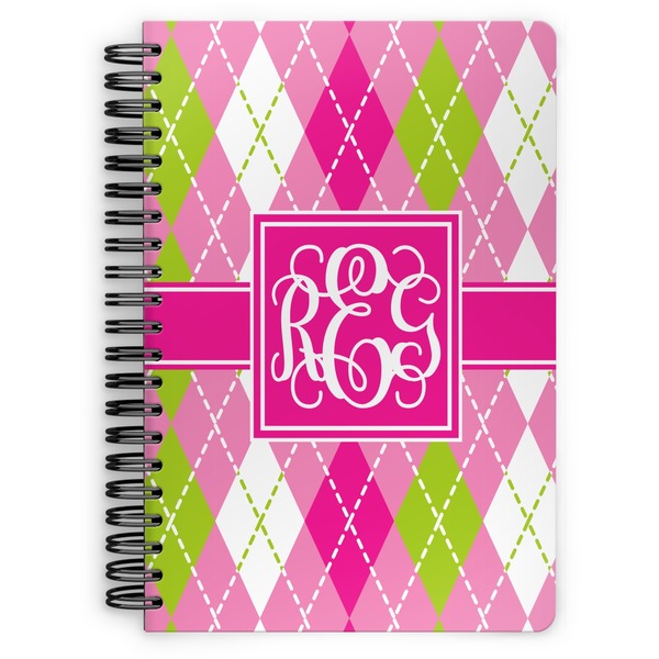 Custom Pink & Green Argyle Spiral Notebook - 7x10 w/ Monogram