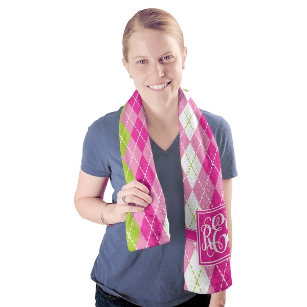 Pink & Green Argyle Sport Towel - Exercise use - Model