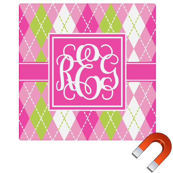 Custom Pink & Green Argyle Square Car Magnet - 10" (Personalized)