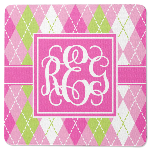 Custom Pink & Green Argyle Square Rubber Backed Coaster (Personalized)