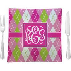Pink & Green Argyle 9.5" Glass Square Lunch / Dinner Plate- Single or Set of 4 (Personalized)