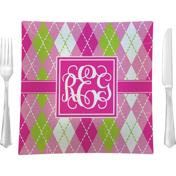Custom Pink & Green Argyle 9.5" Glass Square Lunch / Dinner Plate- Single or Set of 4 (Personalized)
