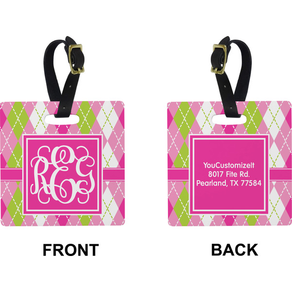 Pink & Green Argyle Square Luggage Tag (Front + Back)