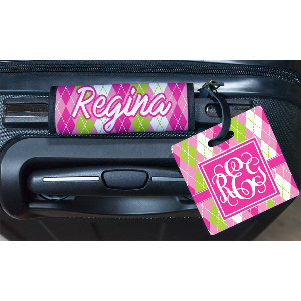 Pink & Green Argyle Square Luggage Tag & Handle Wrap - In Context