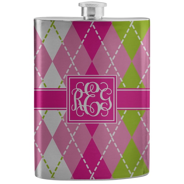 Custom Pink & Green Argyle Stainless Steel Flask (Personalized)