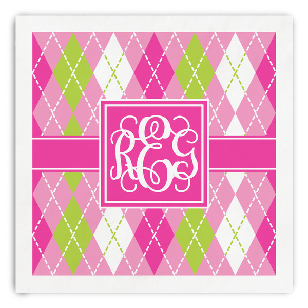 Custom Pink & Green Argyle Paper Dinner Napkins (Personalized)