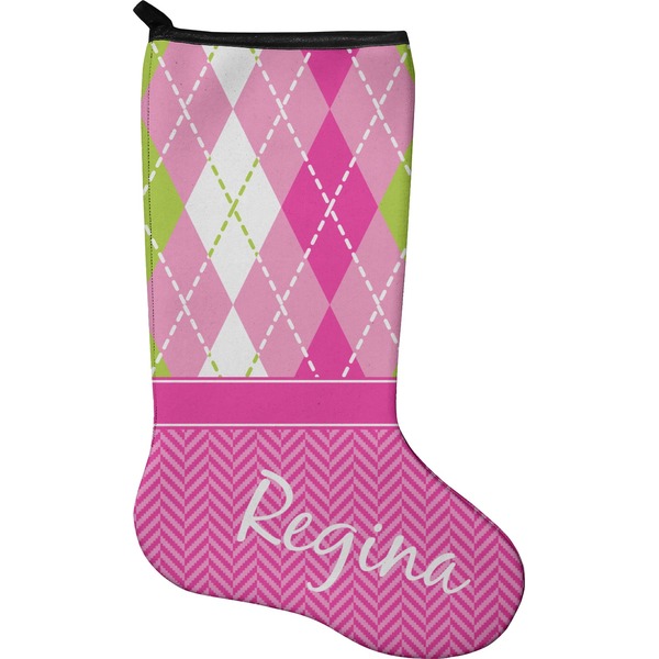 Custom Pink & Green Argyle Holiday Stocking - Single-Sided - Neoprene (Personalized)