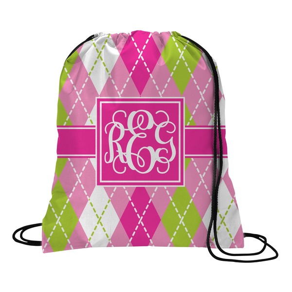 Custom Pink & Green Argyle Drawstring Backpack (Personalized)