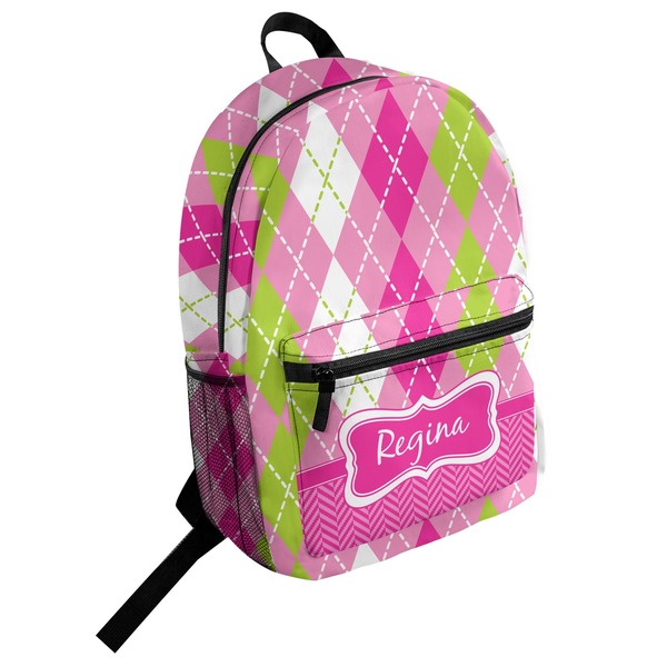 Custom Pink & Green Argyle Student Backpack (Personalized)