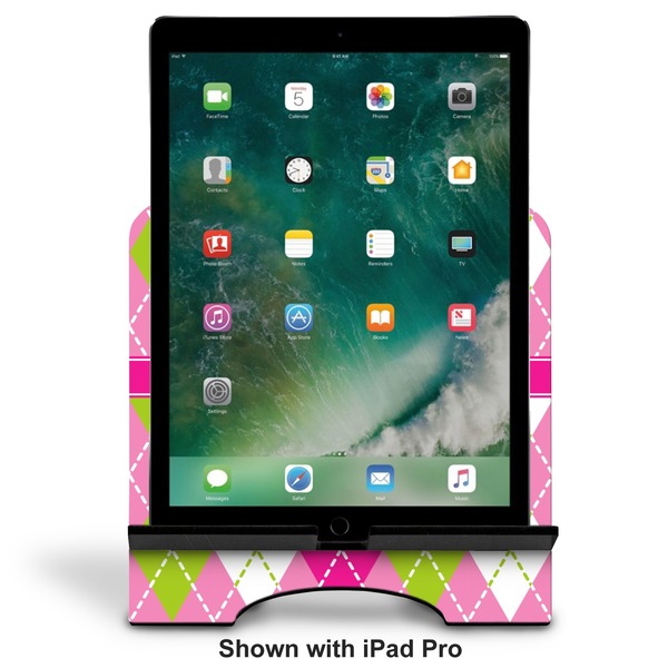 Pink & Green Argyle Stylized Tablet Stand - Front with ipad