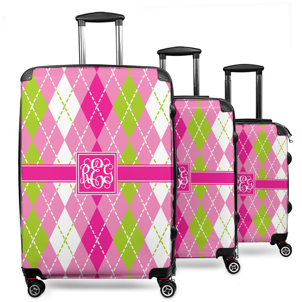 Custom Pink & Green Argyle 3 Piece Luggage Set - 20" Carry On, 24" Medium Checked, 28" Large Checked (Personalized)