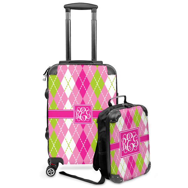 Custom Pink & Green Argyle Kids 2-Piece Luggage Set - Suitcase & Backpack (Personalized)