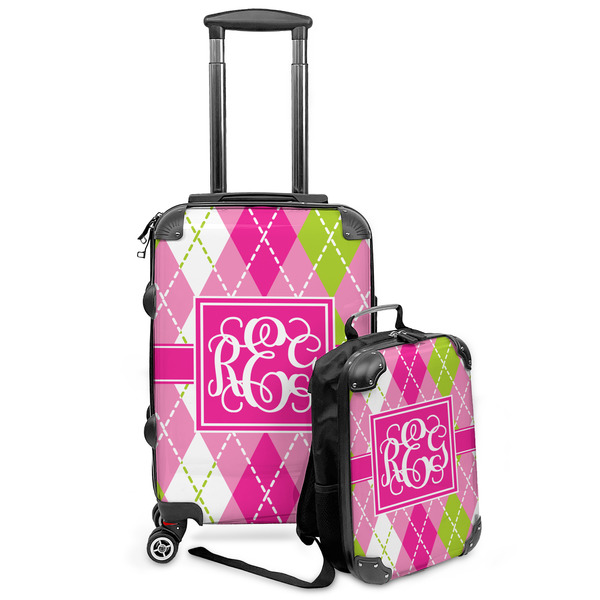 Custom Pink & Green Argyle Kids 2-Piece Luggage Set - Suitcase & Backpack (Personalized)