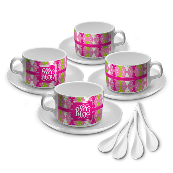 Custom Pink & Green Argyle Tea Cup - Set of 4 (Personalized)