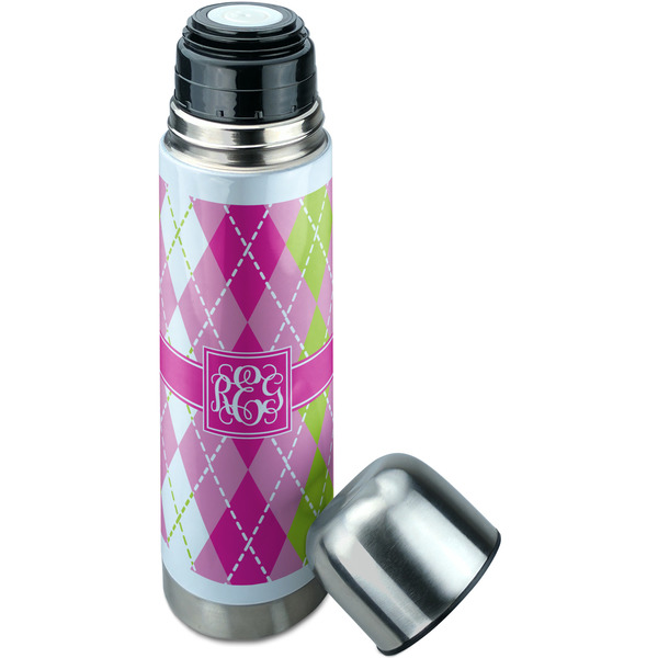 Pink & Green Argyle Thermos - Lid Off