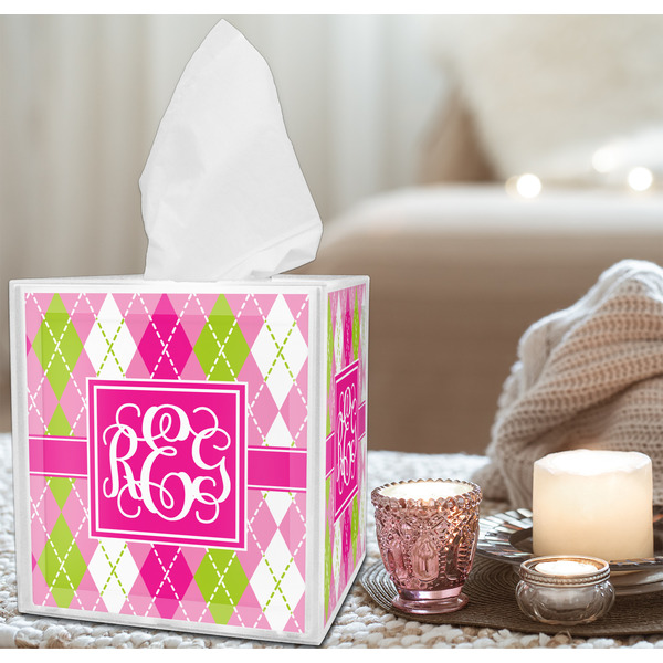 Pink & Green Argyle Tissue Box - LIFESTYLE
